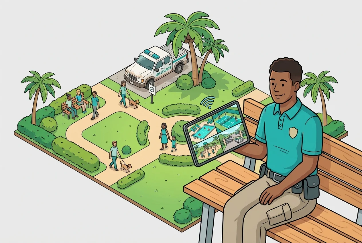 Park manager using tablet for virtual patrol, reducing physical inspections