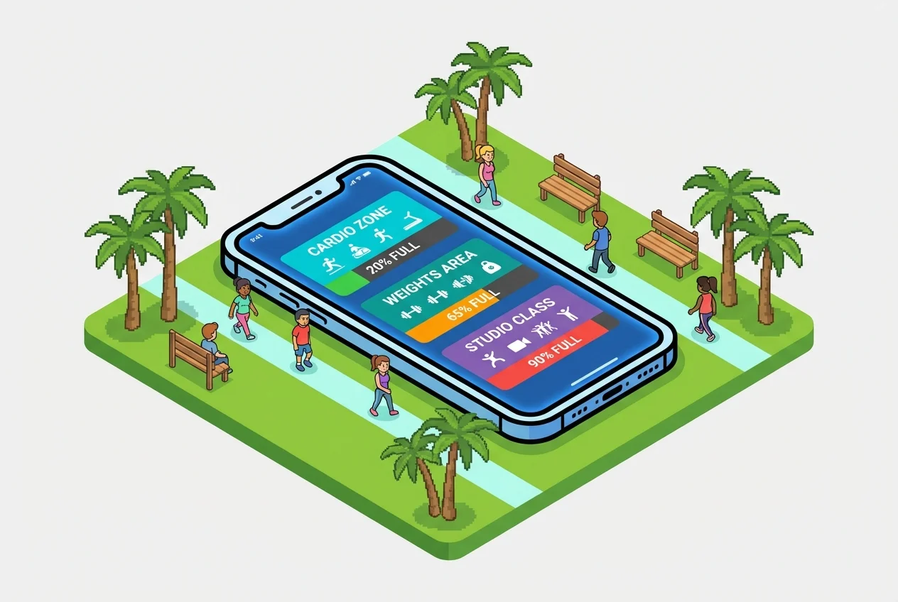 Smartphone app showing real-time gym occupancy data, with live camera views of different amenity areas.