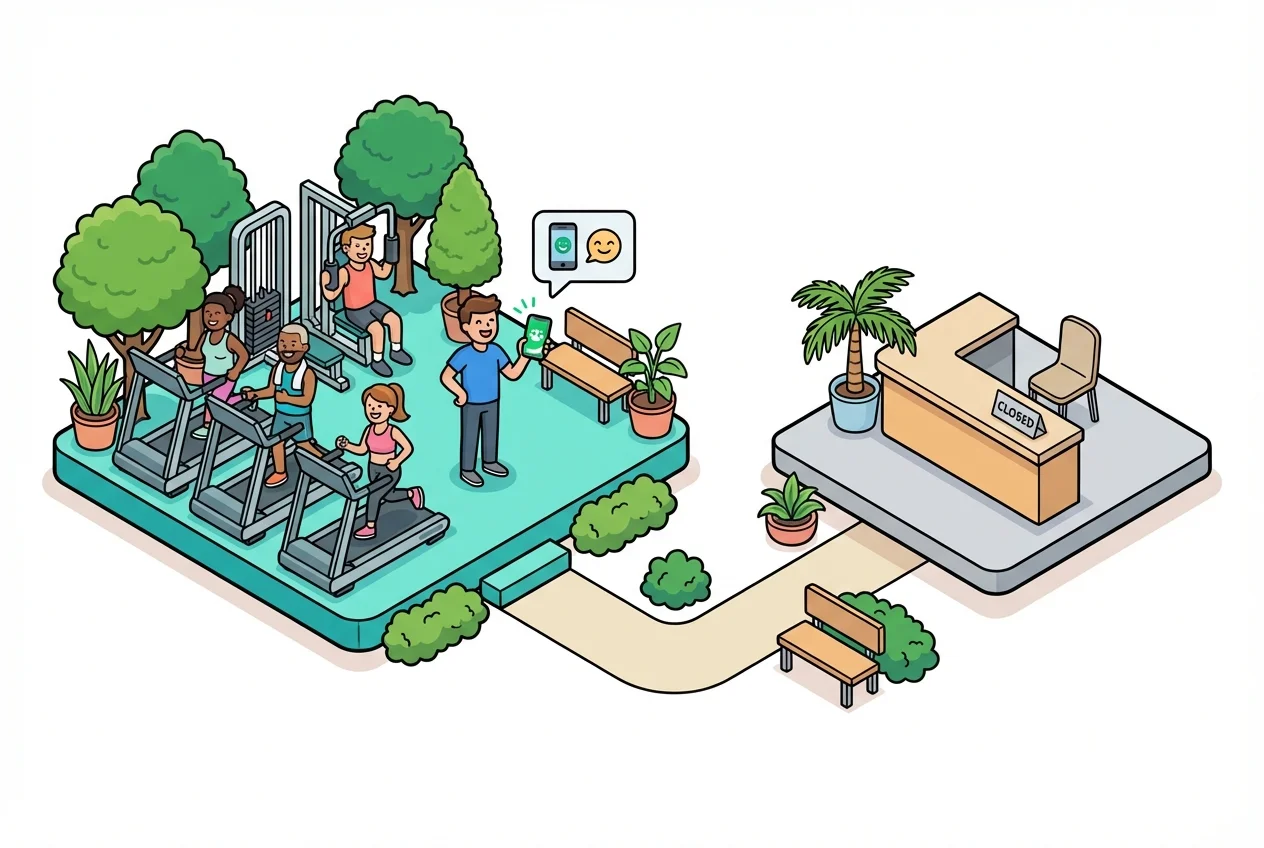 Gym member using a mobile app to check facility occupancy, highlighting convenience and reduced front-desk interaction.