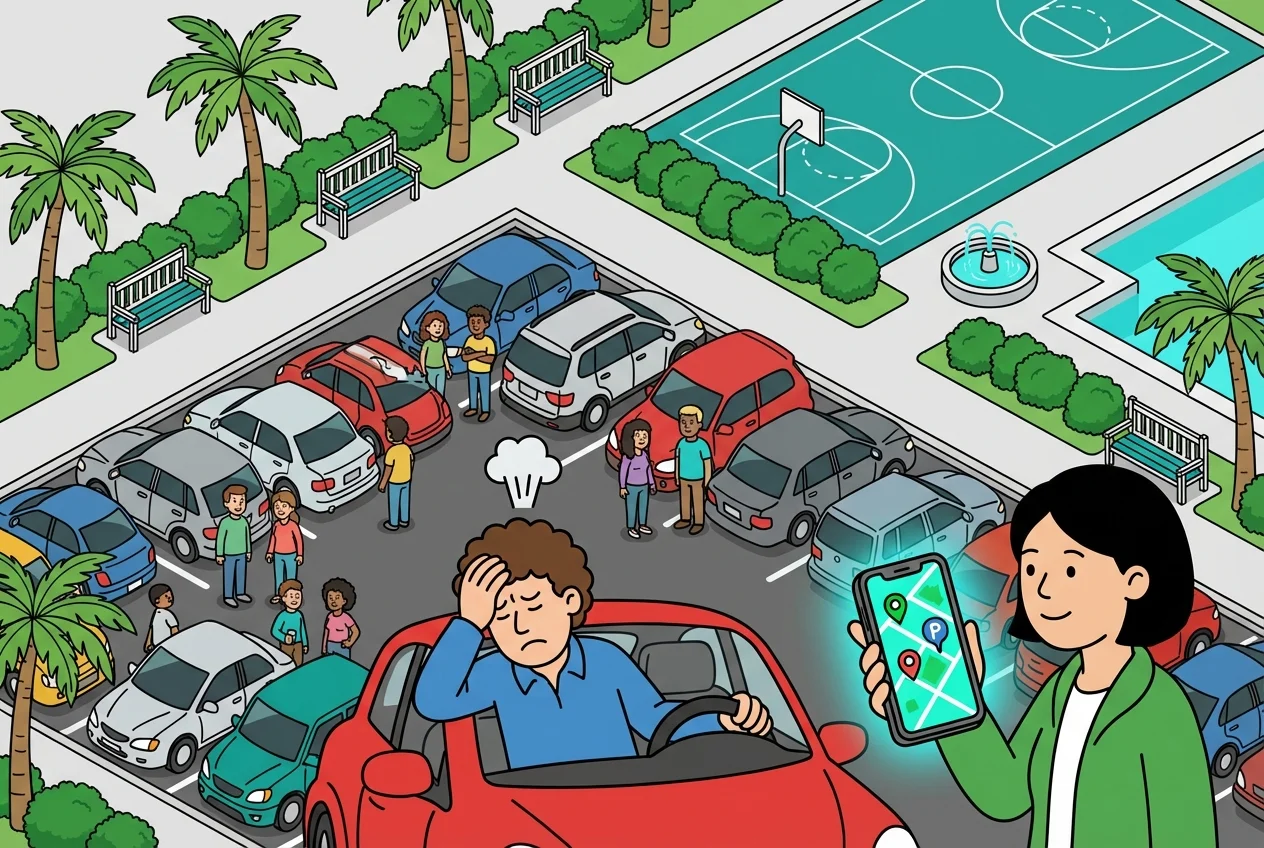 Parents navigating a crowded sports complex parking lot, one using a real-time parking app to find an open space.