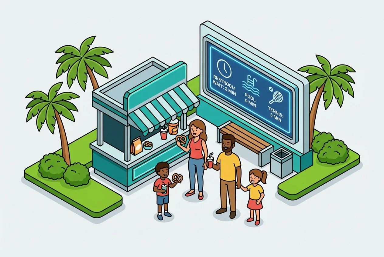 Family taking a break at a sports tournament, looking at a digital display showing real-time amenity status like restroom queues.