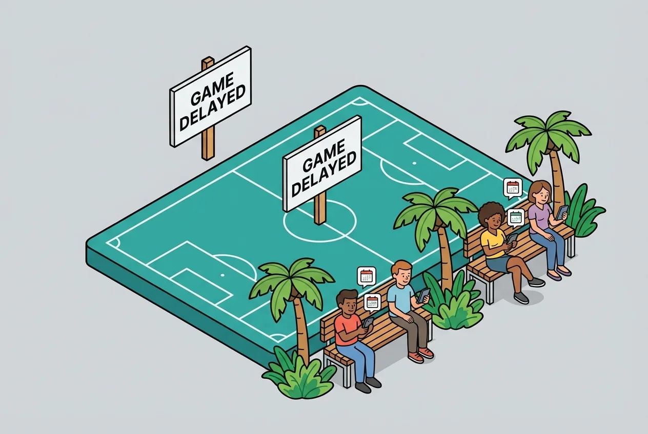 Parents at a sports field during a game delay, using their phones to access real-time tournament updates and information.
