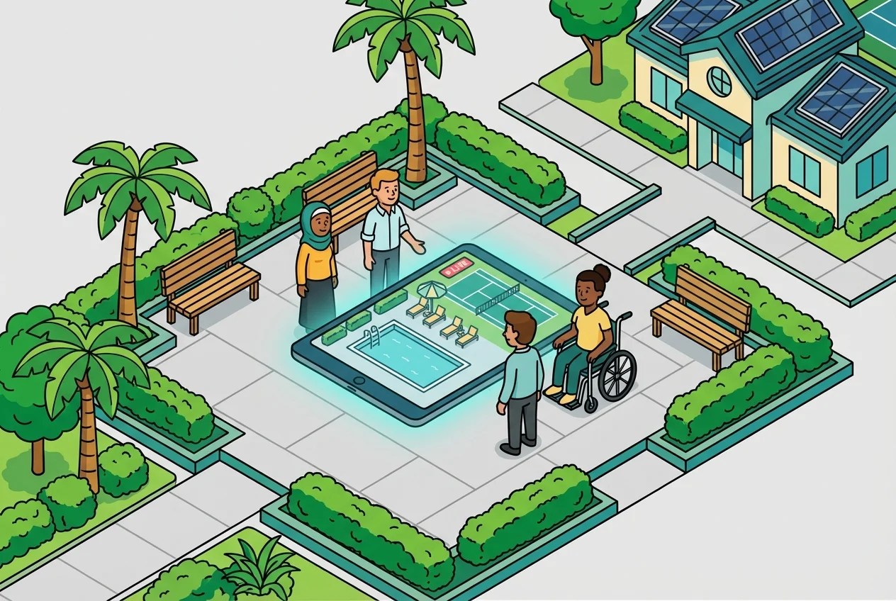 HOA board members using a tablet to remotely monitor community amenities.