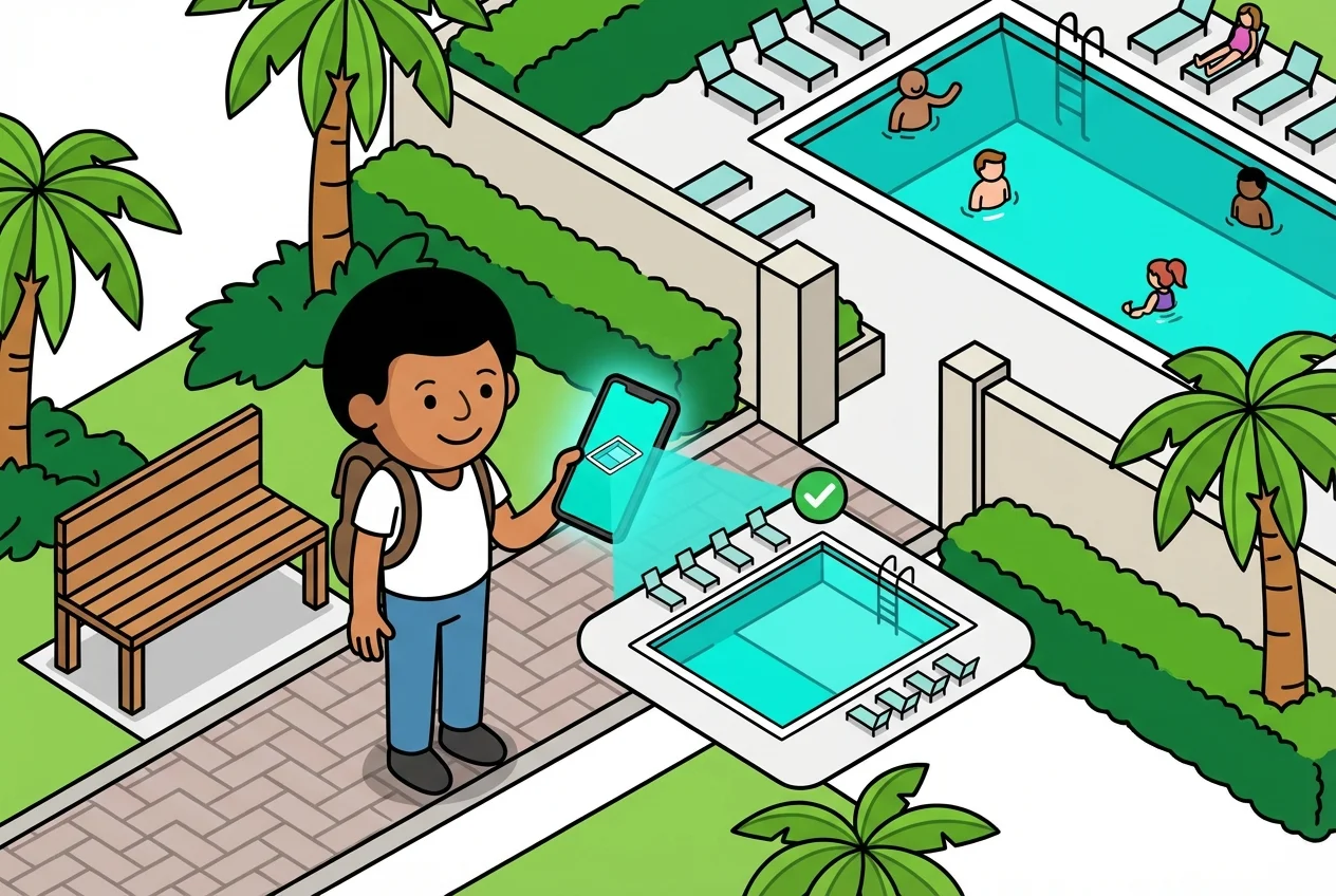 Resident checking live amenity view on smartphone before visiting the community pool.
