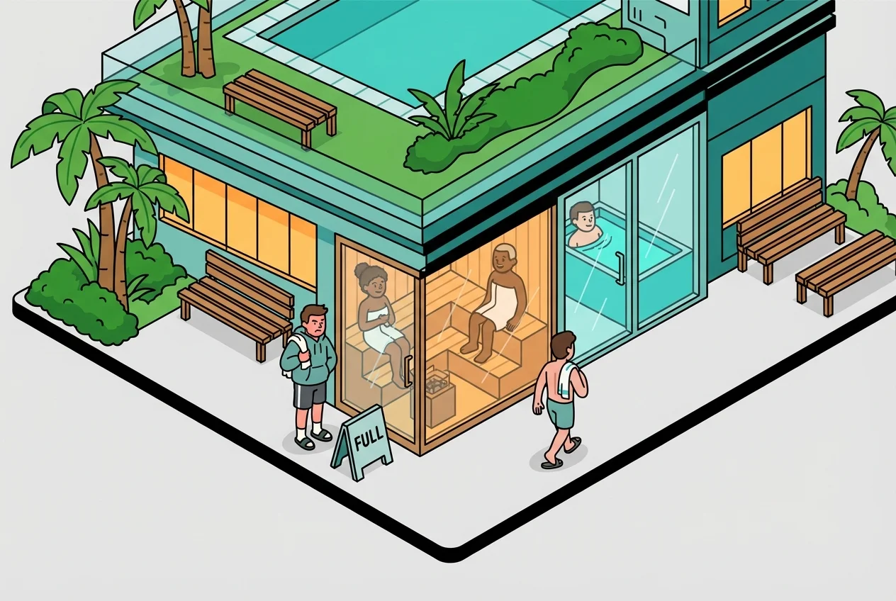 Frustrated gym member waiting for a full sauna or cold plunge