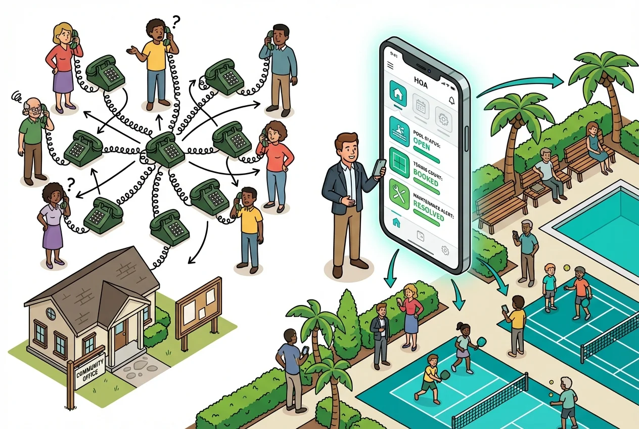 Comparison of outdated phone tree communication versus modern real-time digital access for public services.