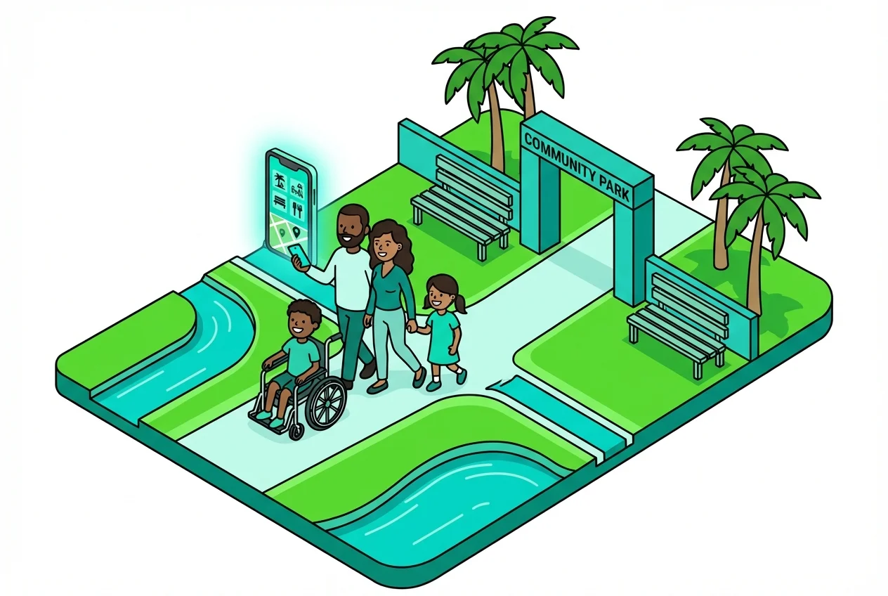 Diverse family enjoying a public park, empowered by real-time amenity information for inclusive and accessible planning.