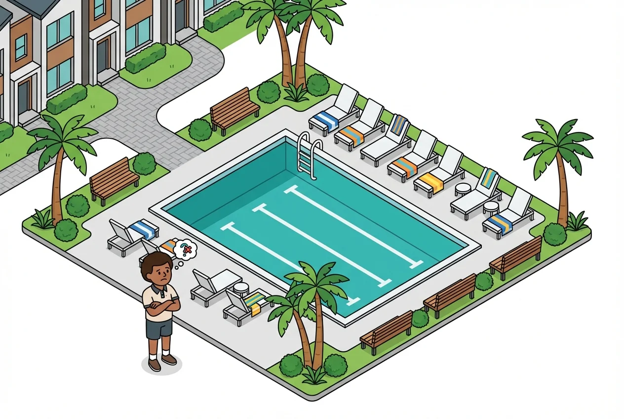 Illustration of empty pool chairs 'reserved' by towels, highlighting the 'towel game' problem in an HOA community.