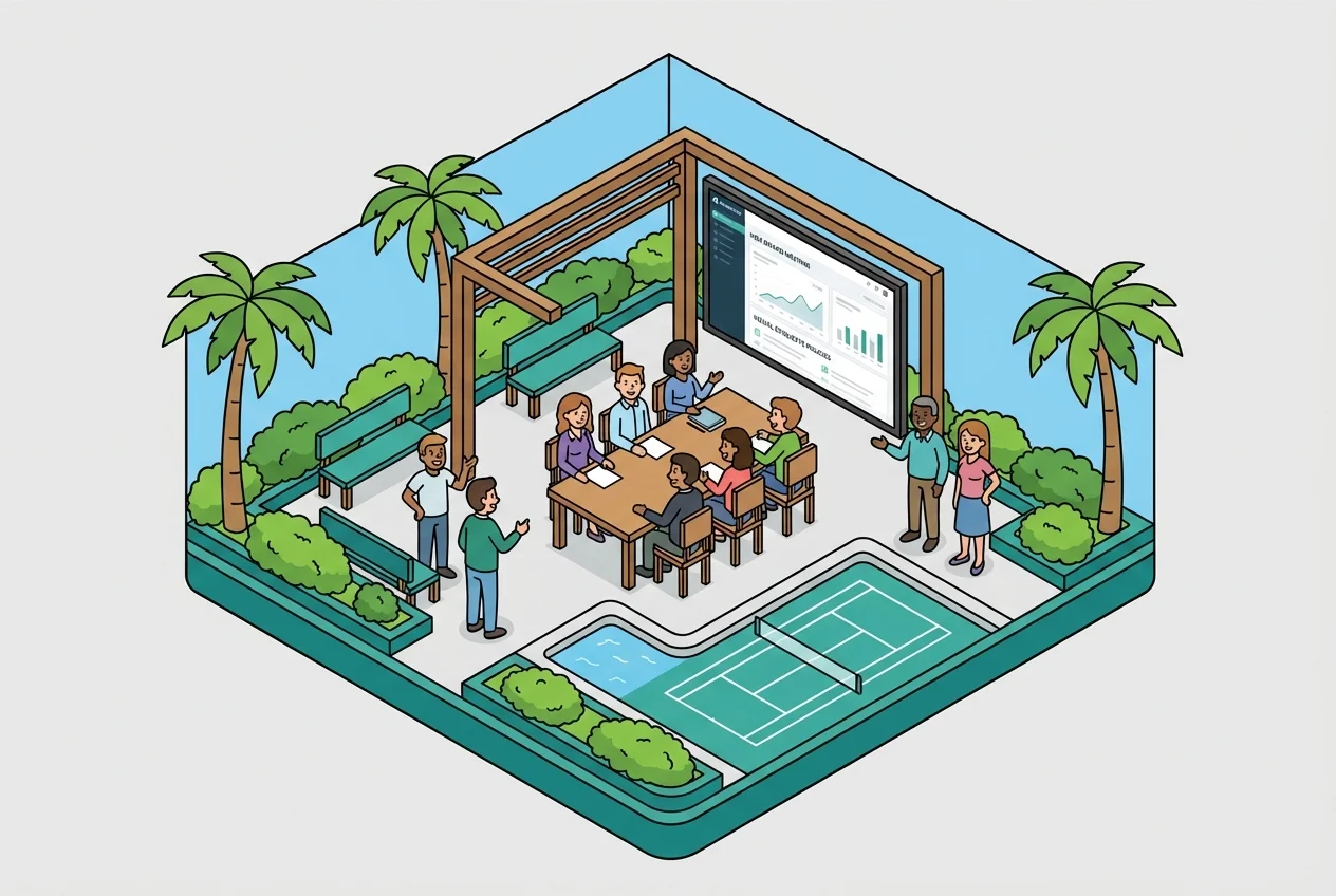 HOA board members and residents discussing new amenity 'visual etiquette' policies with a positive atmosphere, enabled by Amenivue's live viewing.
