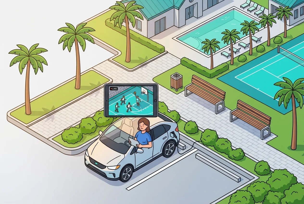 Parent comfortably watching a youth basketball game live stream on a tablet from their car, avoiding crowded indoor facilities.