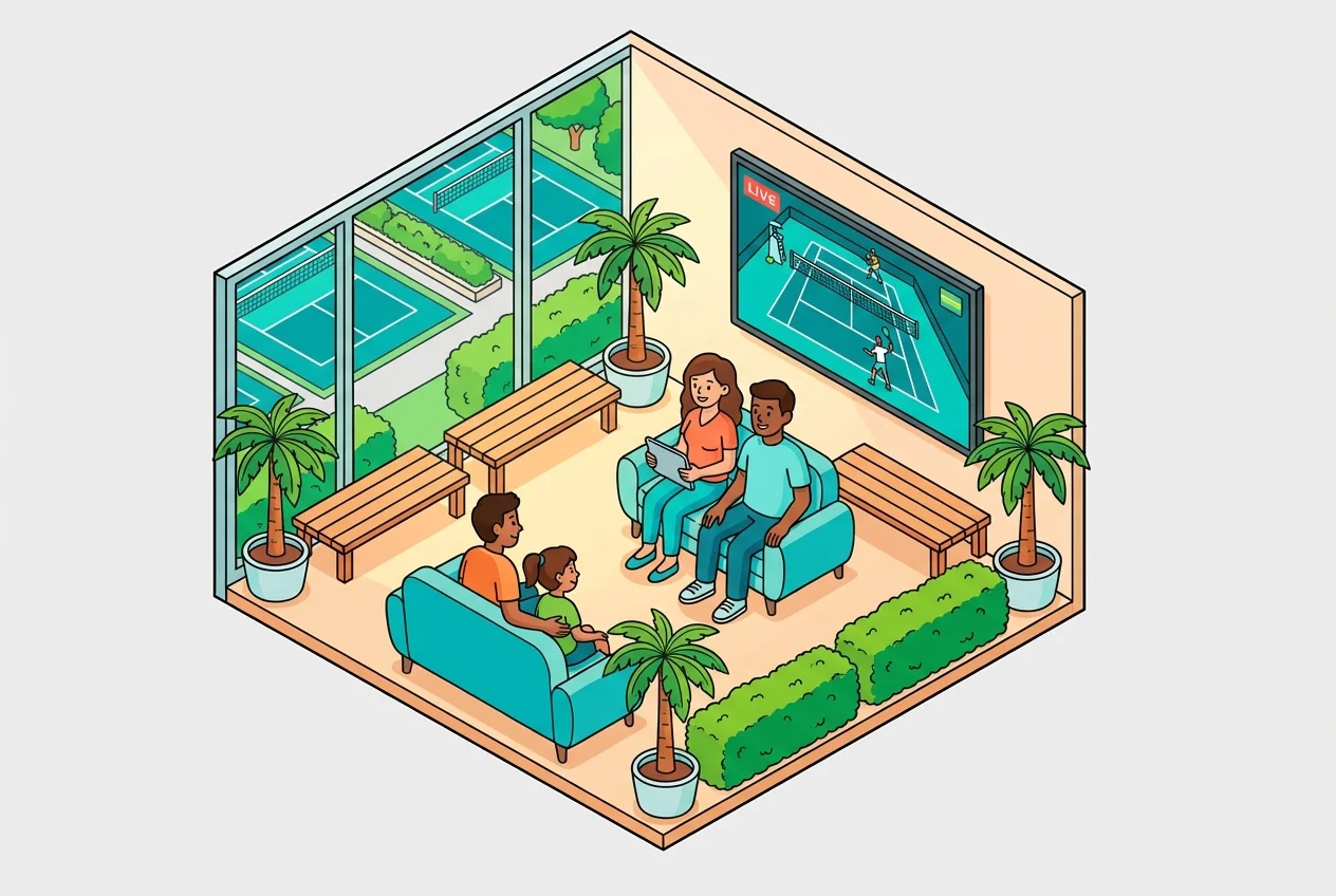 Family comfortably watching a live stream of a youth sports game in a relaxed lounge area, highlighting enhanced spectator experience.