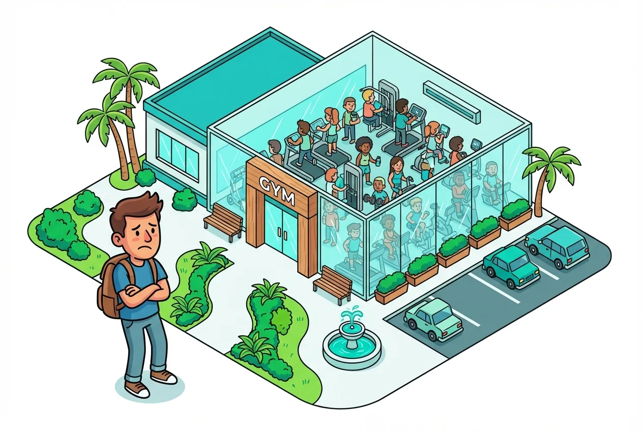 Frustrated resident at an overcrowded gym, highlighting the 'wasted trip' problem.