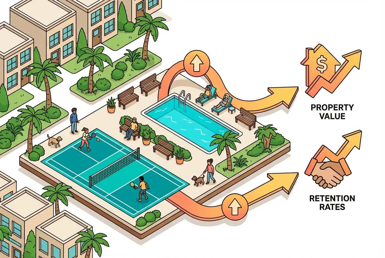 Infographic showing increased amenity utilization, resident satisfaction, and property value as key ROI benefits.