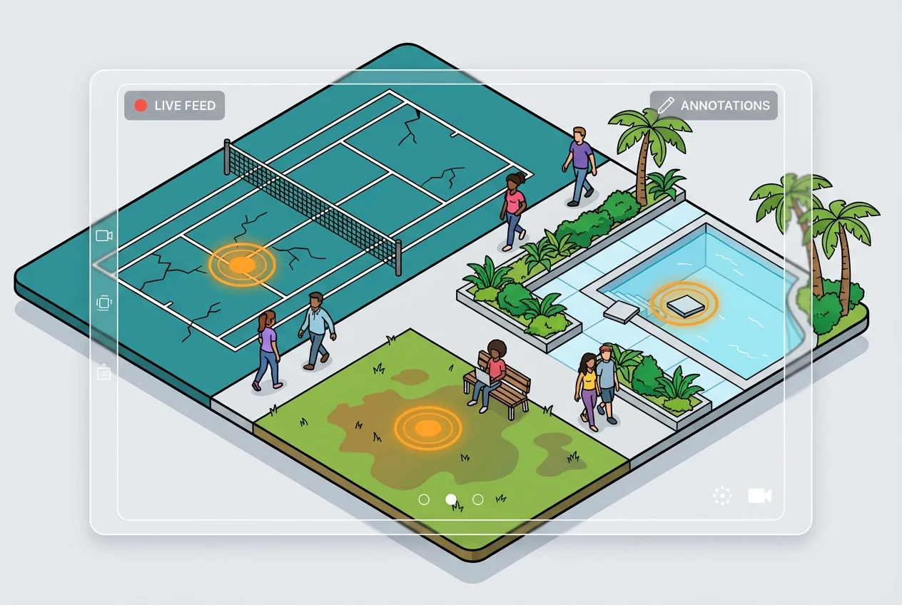 Live camera view highlighting specific maintenance needs on an HOA tennis court, pool deck, and lawn for proactive spring preparation.