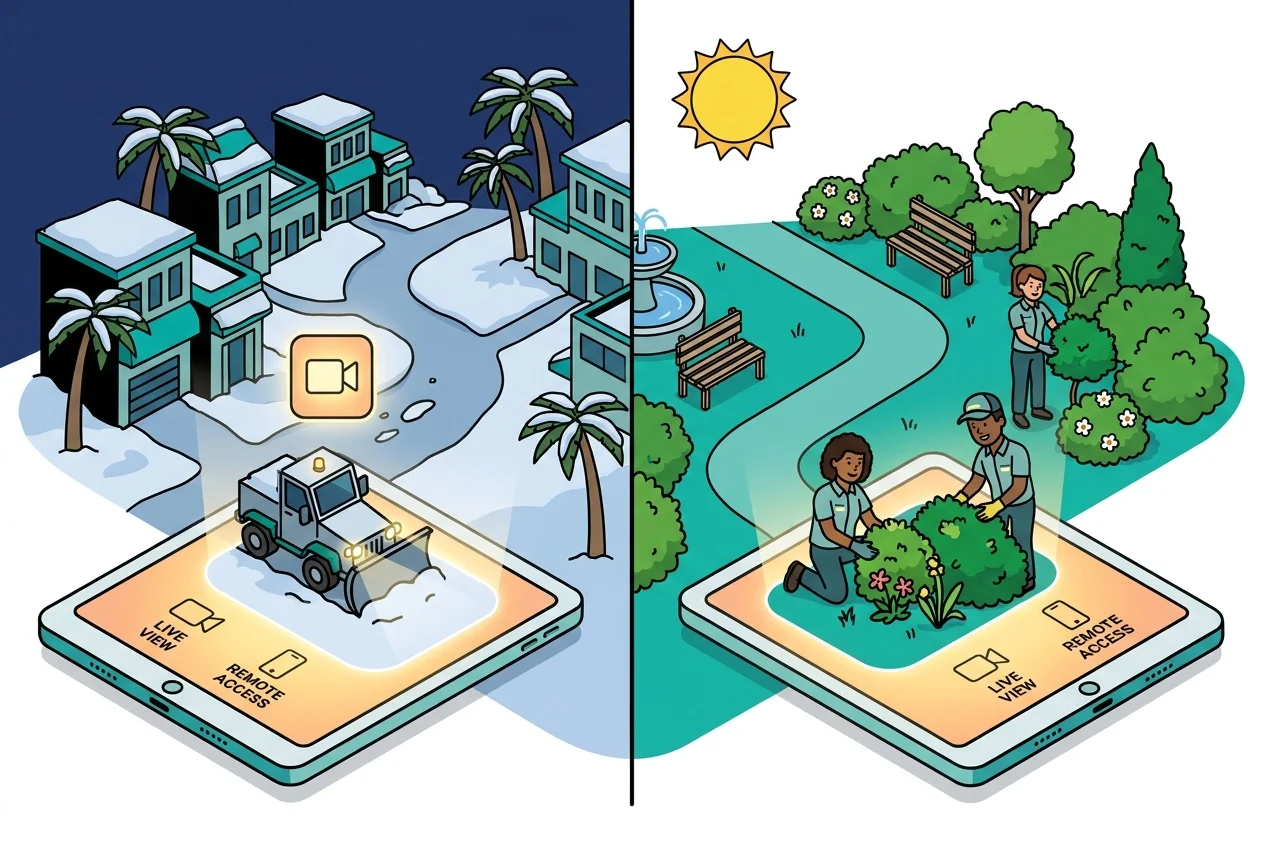 Split screen showing live camera views of a snowplow at night and landscapers during the day, demonstrating year-round vendor verification.