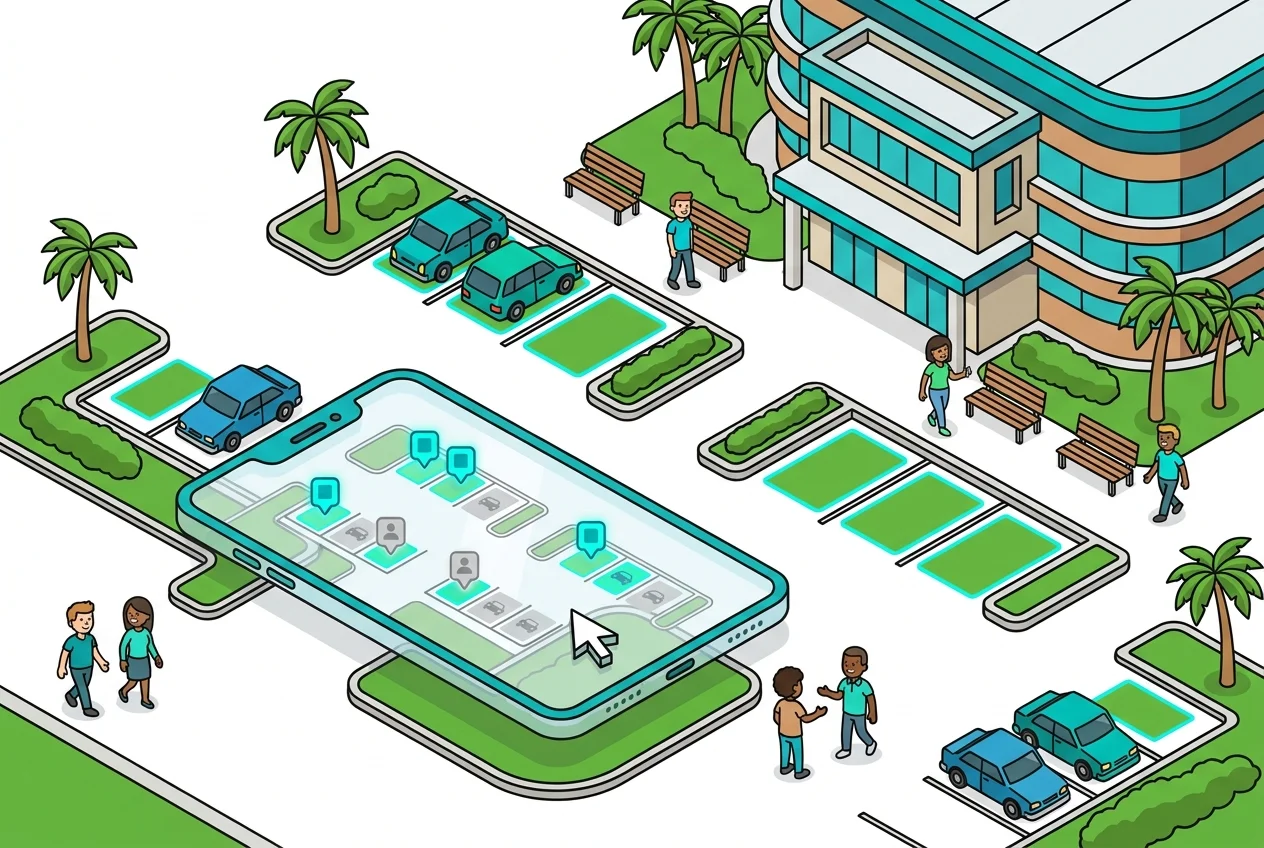 Mobile phone displaying a live camera view of a sports facility parking lot with available spots highlighted, reducing parent stress.