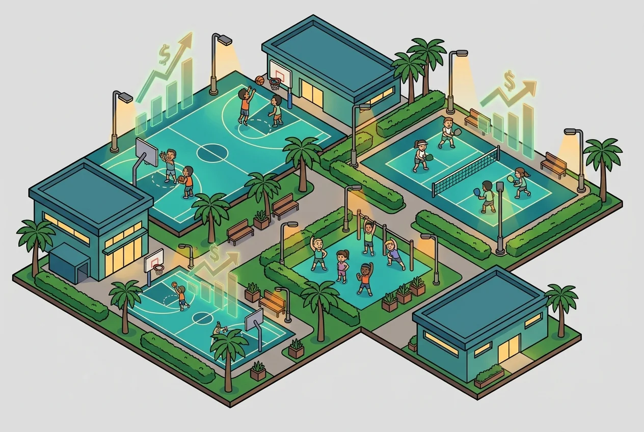 Dynamic illustration of a sports facility with various late-night activities, symbolizing new revenue streams and increased profitability from extended hours.