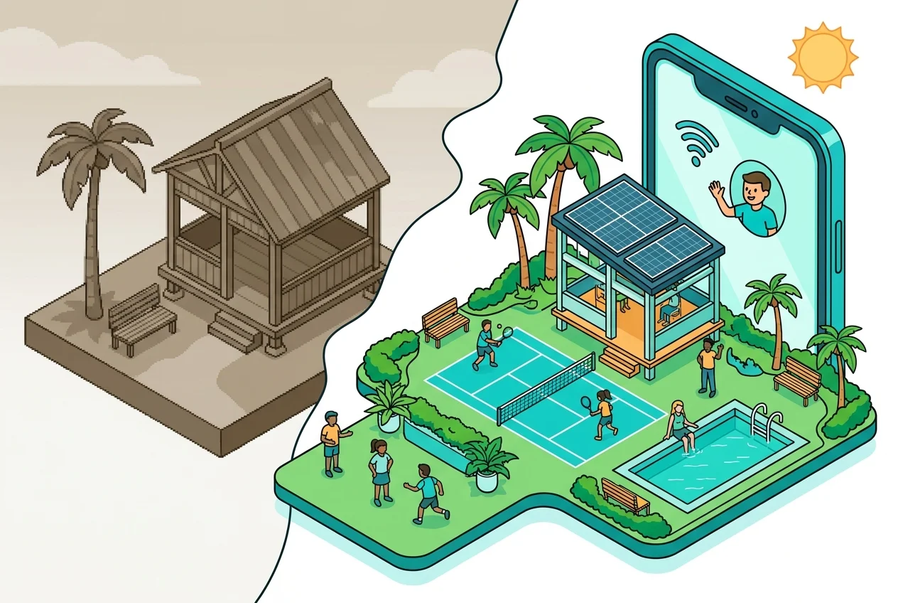 Comparison of old static pavilion photo versus a live streaming view on a smartphone, illustrating the 'Airbnb Effect' on rental expectations.