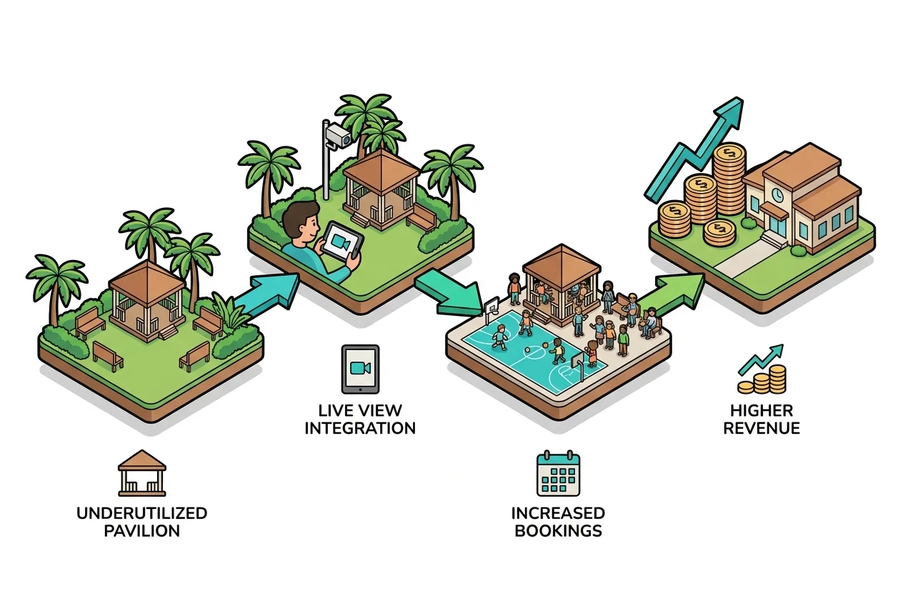 Infographic illustrating the process of using live amenity views to convert underutilized pavilions into increased rental revenue.