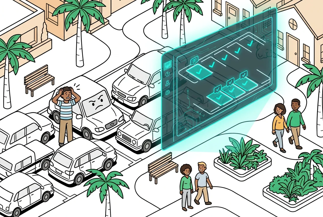 Inline image: Parent looking frustrated in a crowded parking lot, with a thought bubble of 'where to park?'