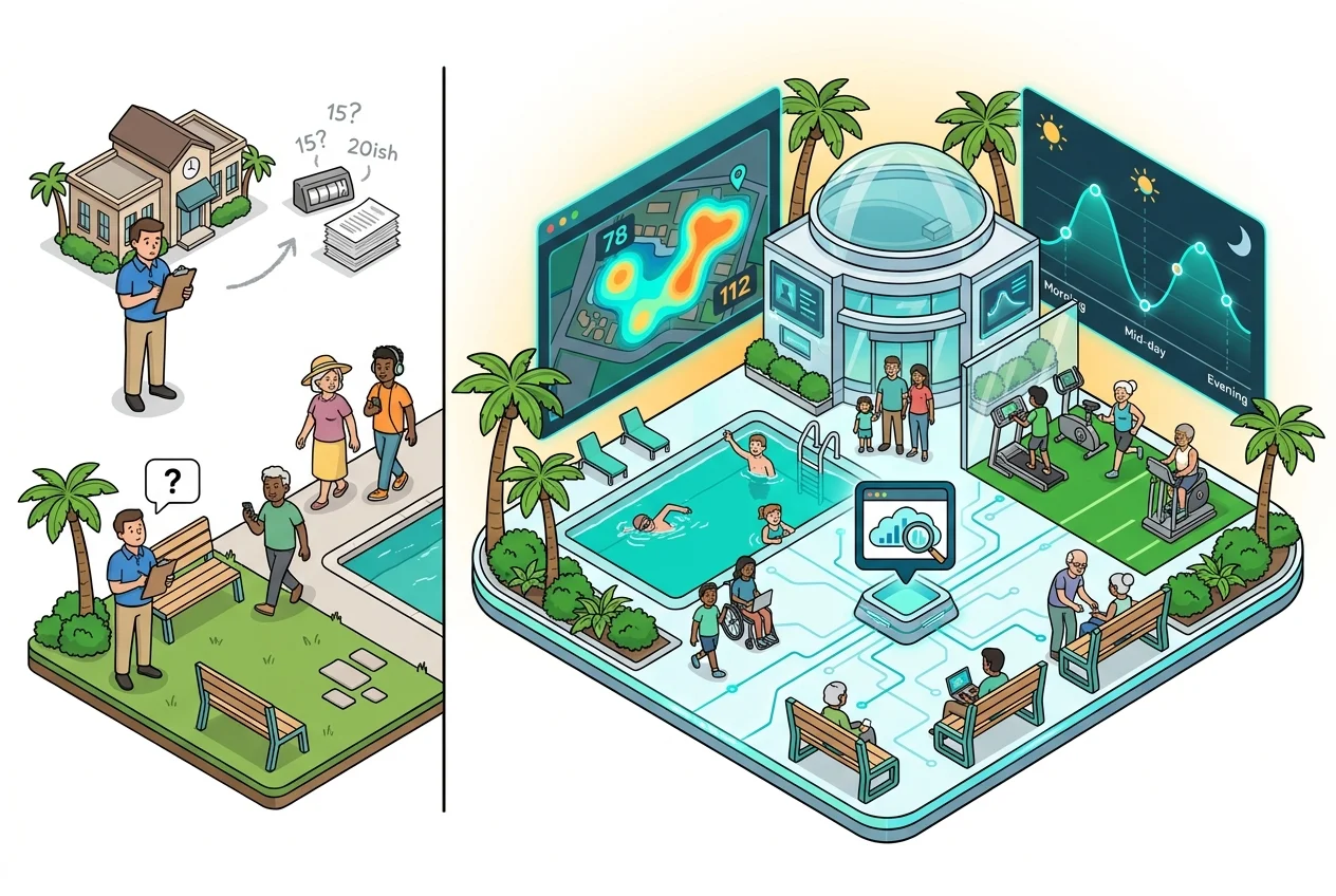 Comparison graphic showing the limitations of manual headcounts versus the detailed insights provided by visual data analytics for park usage.