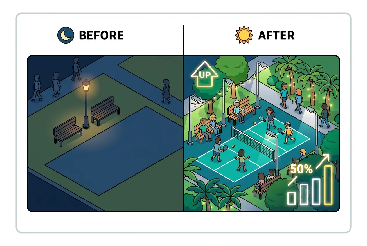 Before and after image of a park amenity, demonstrating how lighting upgrades, justified by visual data, led to increased evening usage.