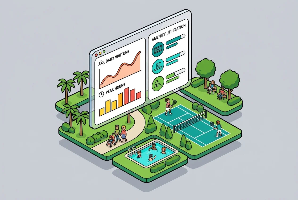 Digital dashboard showcasing real-time park usage metrics and data visualizations, ideal for presenting budget justifications to city councils.