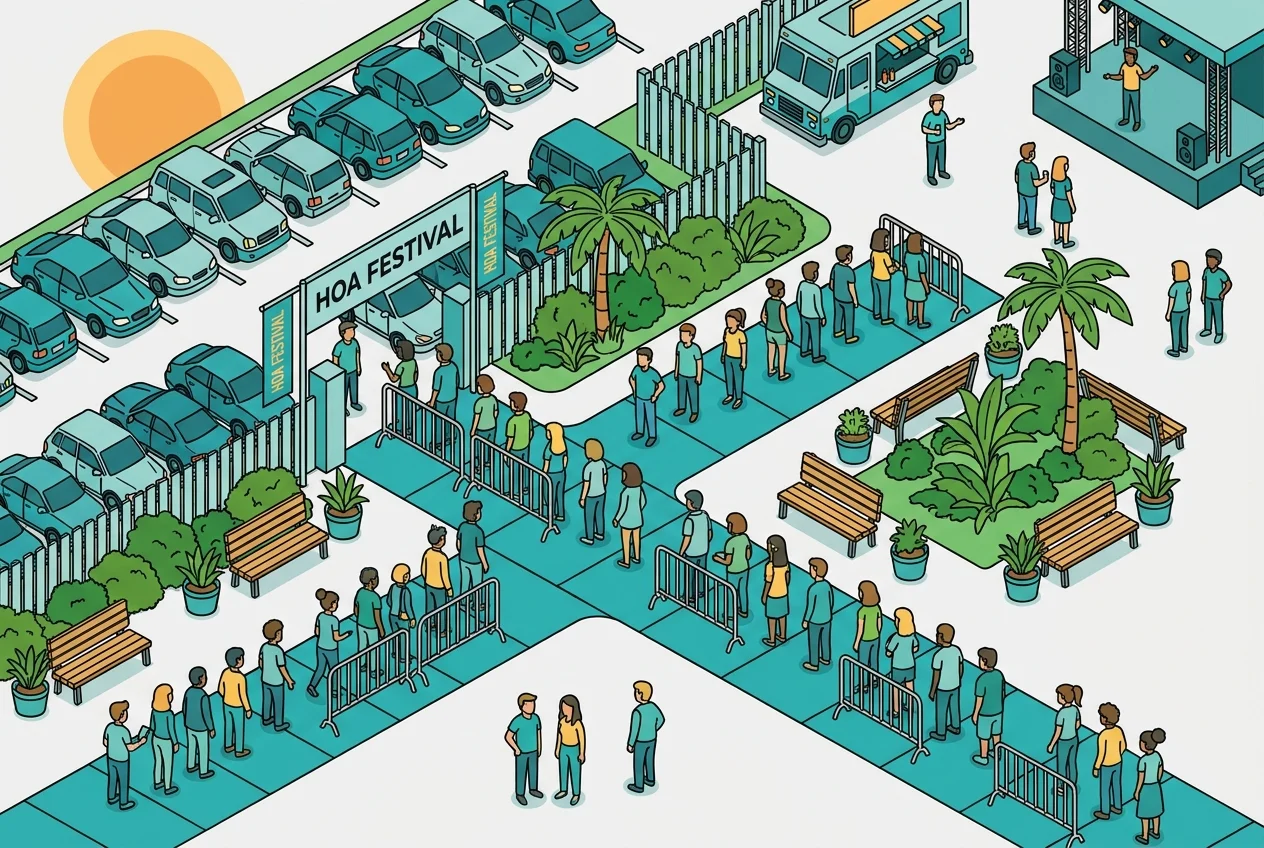 Crowded entrance to a spring festival with long queues and a full parking lot, representing logistical challenges.