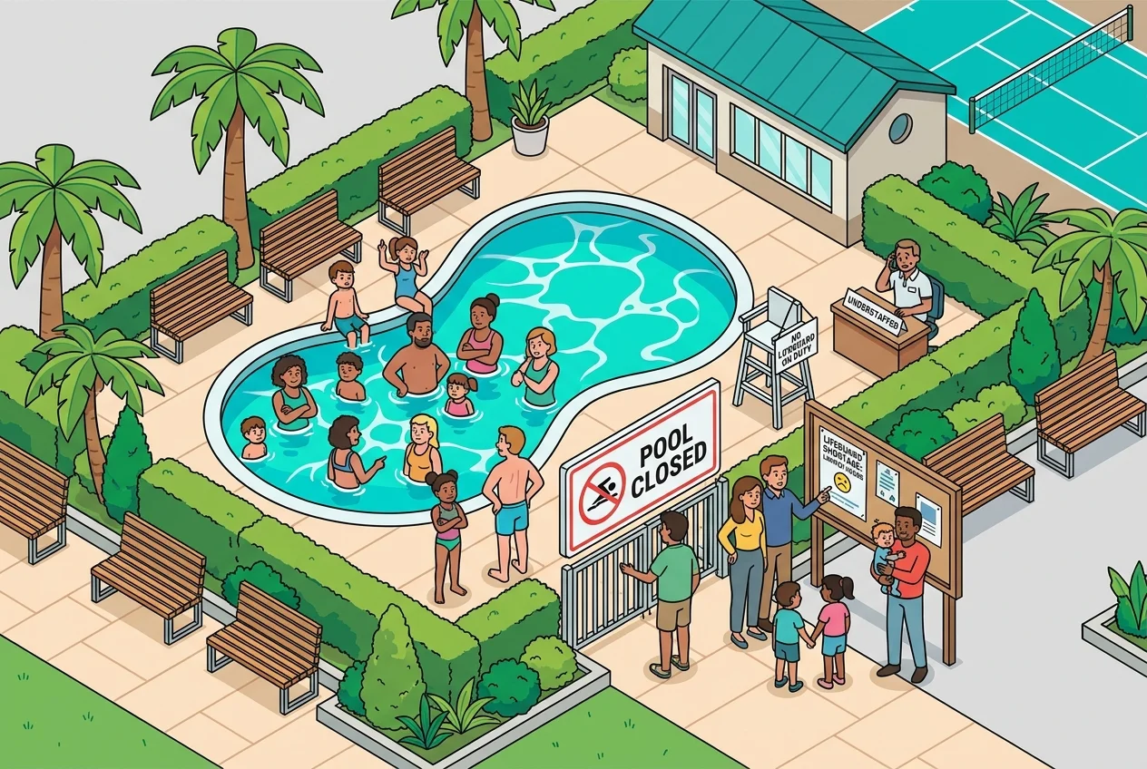 Family looking at a closed or overcrowded community pool, symbolizing the lifeguard shortage impact.