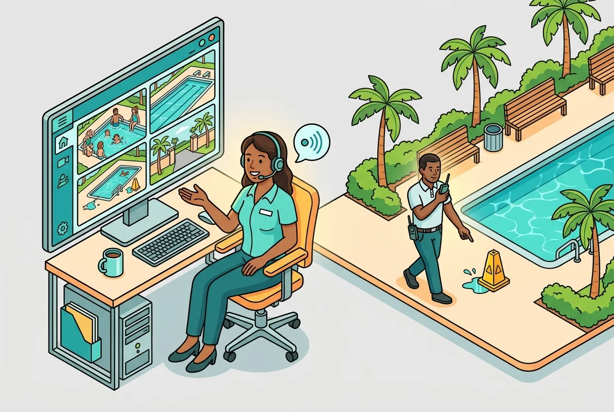 Property manager using Amenivue dashboard to direct roaming staff to a specific pool area for incident response.