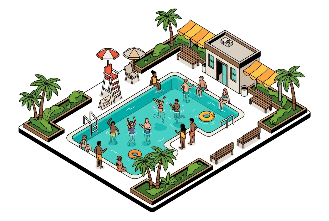 Overcrowded HOA community pool without a lifeguard, illustrating the 2026 lifeguard shortage challenge.