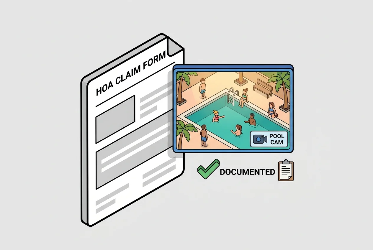 Insurance document with a camera feed screenshot, symbolizing visual documentation for HOA pool liability and compliance.