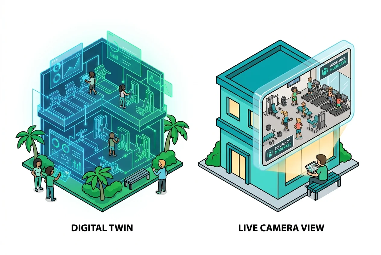 Comparison between a complex digital twin model and a straightforward live camera feed of a gym, highlighting clarity.