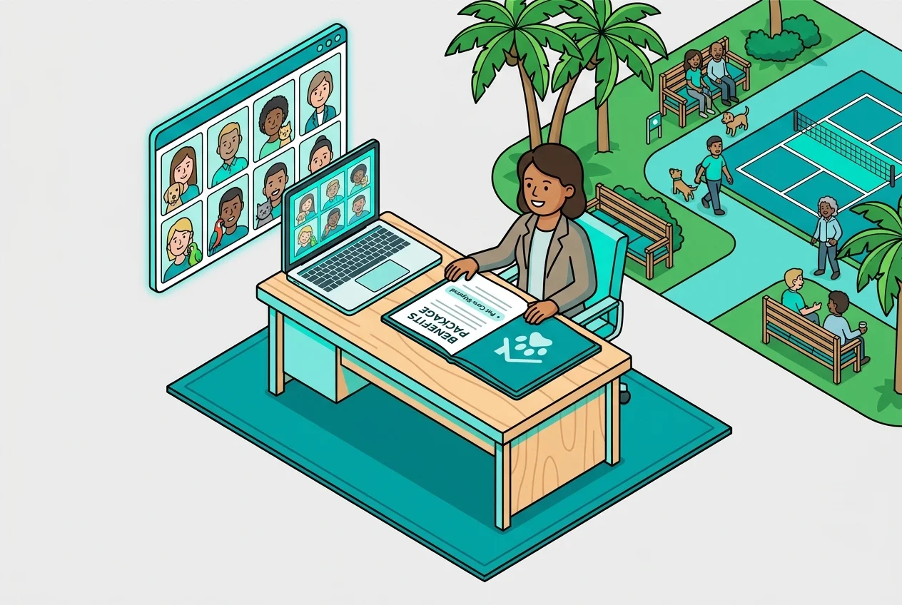 HR manager reviewing corporate benefits, highlighting pet care stipends as an employee perk.