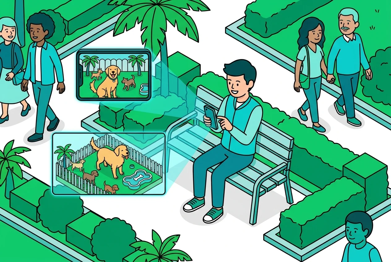 Employee viewing a live stream of their dog at daycare on a smartphone, demonstrating peace of mind.