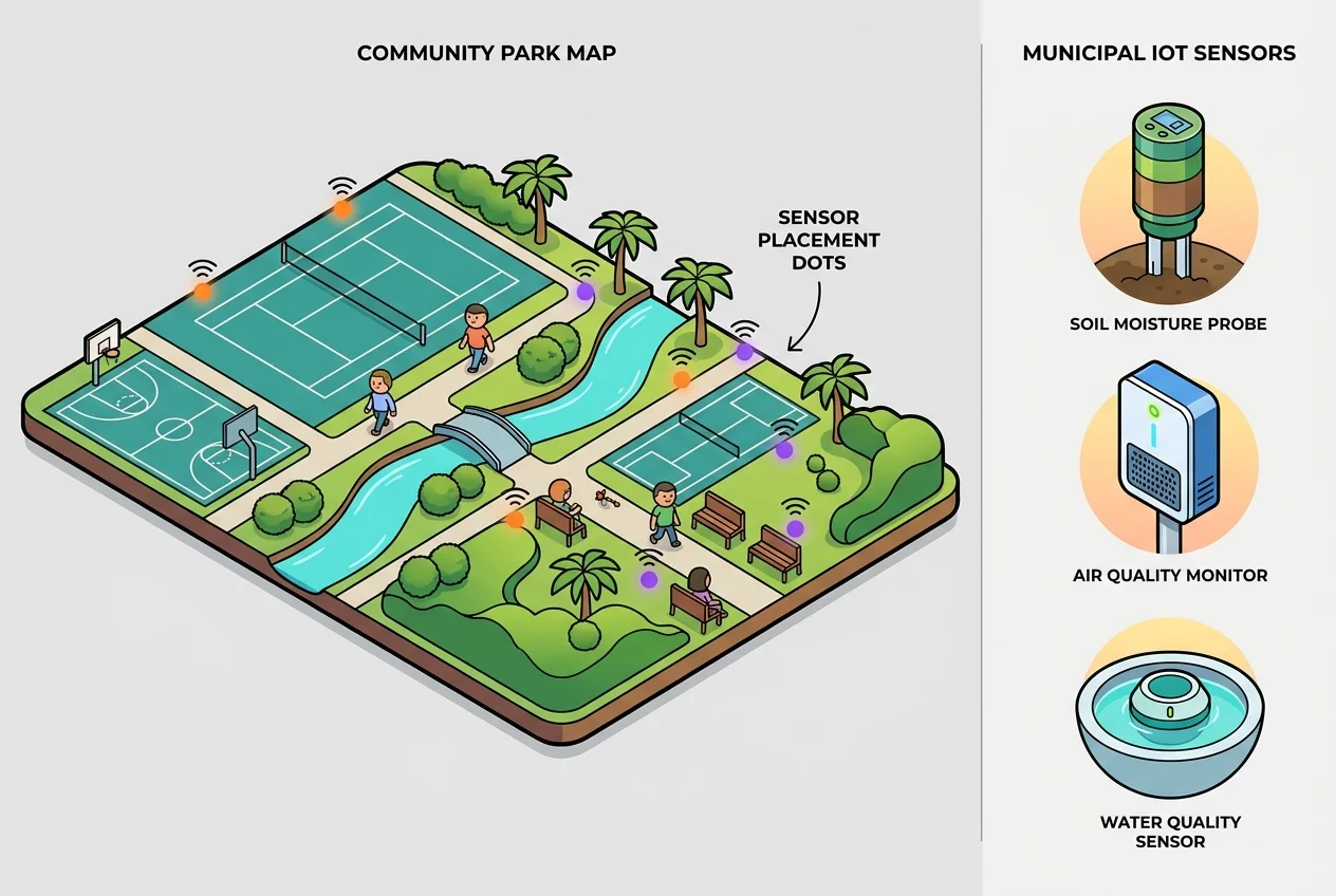 Illustration of diverse IoT sensors deployed across a smart municipal park.