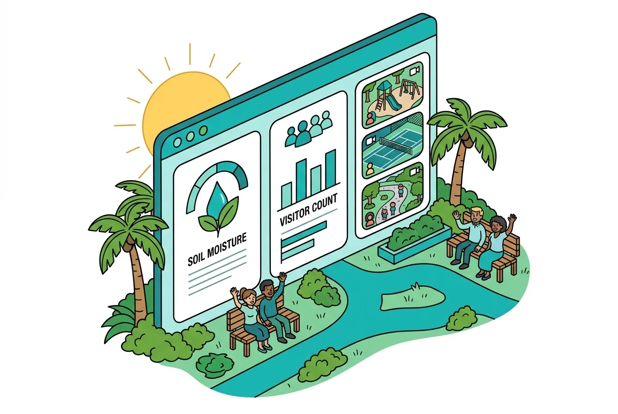 Interactive dashboard showing integrated smart park data with live video feeds and sensor readings.