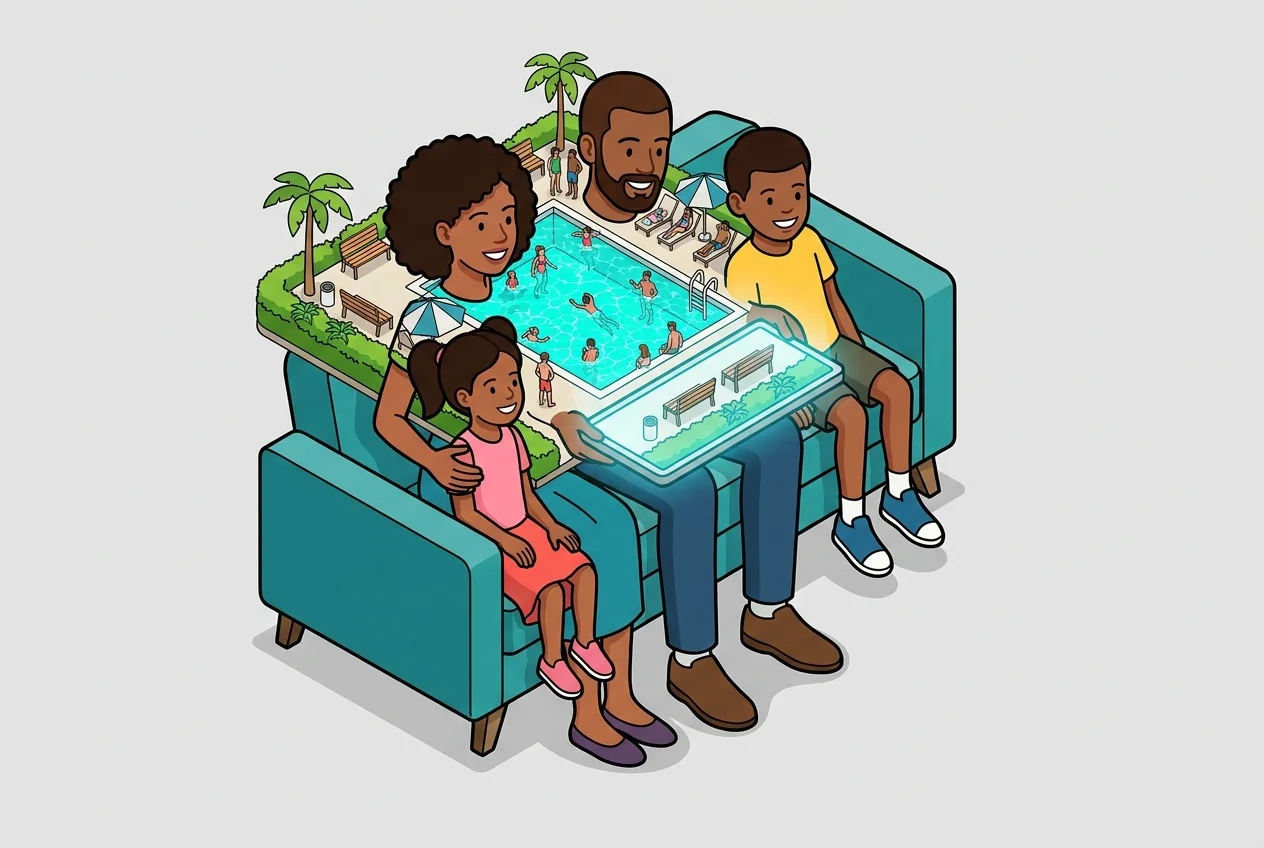 Family viewing a live stream of a lively community pool on a tablet, illustrating lifestyle appeal to buyers.