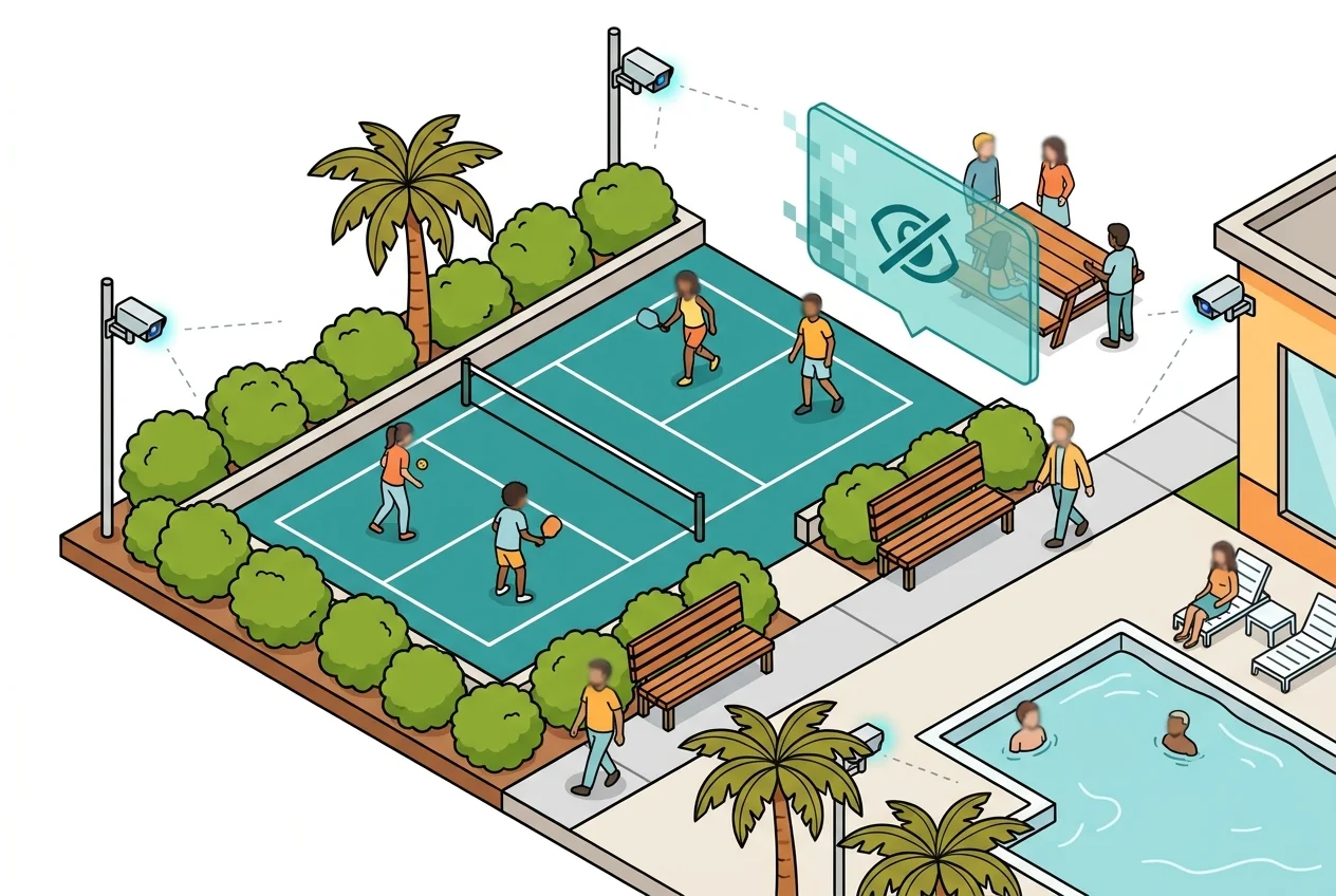 Diagram showing privacy-focused camera placement for amenity viewing, emphasizing activity over individual identification.