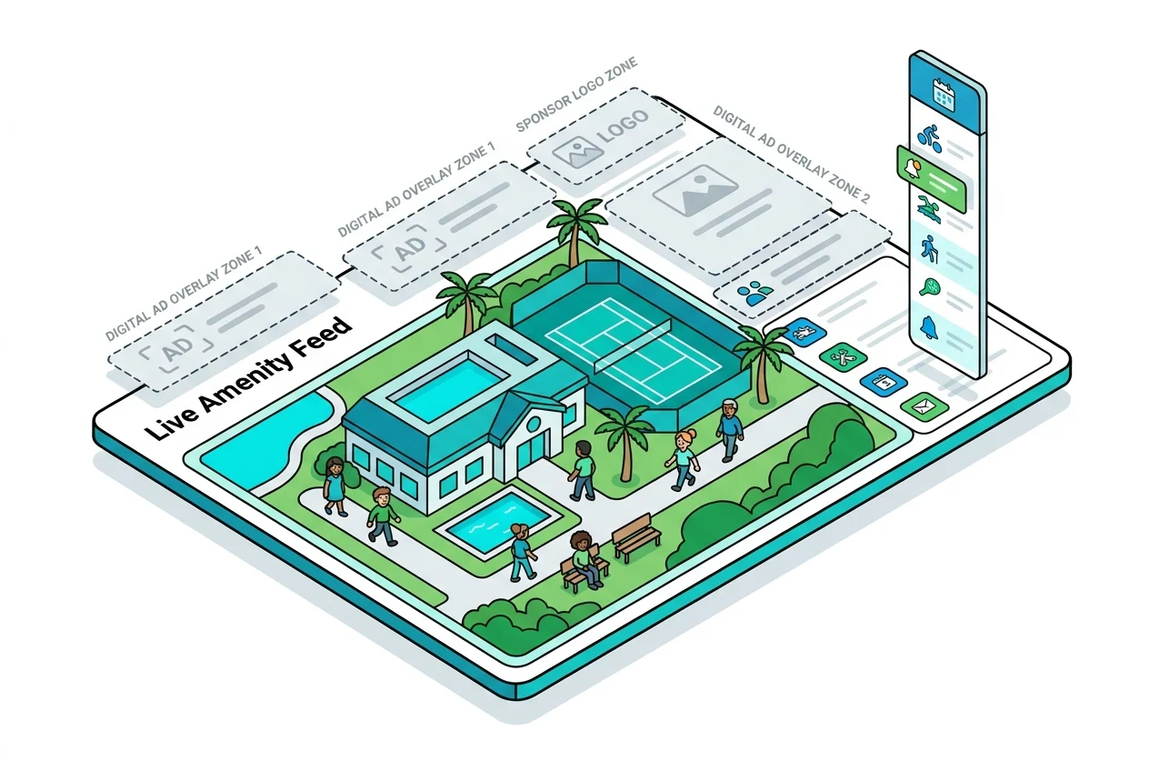 Example of a live amenity feed interface showing integrated digital ad placements and sponsor branding.