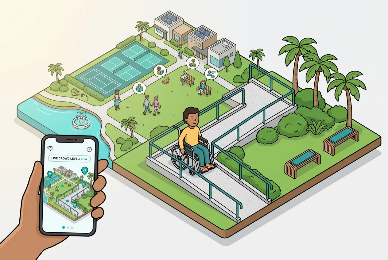 Person in a wheelchair using a smartphone to view live park crowd levels, illustrating modern accessibility beyond physical ramps.