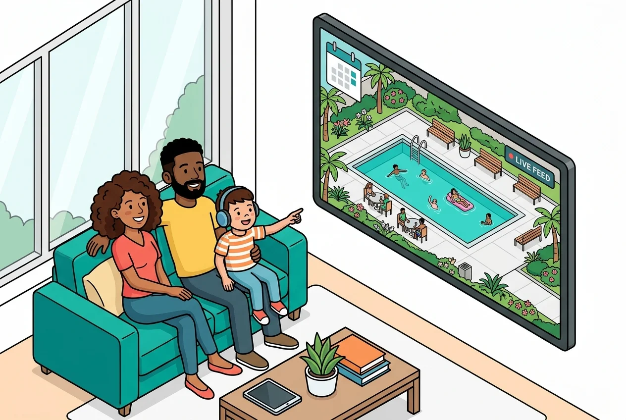 Family with a neurodivergent child checking a live pool feed to assess crowd levels and ensure a comfortable visit, promoting visual predictability.
