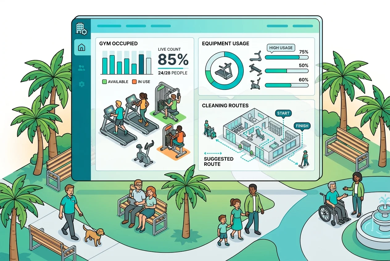 Dashboard showing real-time gym occupancy and equipment usage data, guiding dynamic cleaning schedules.