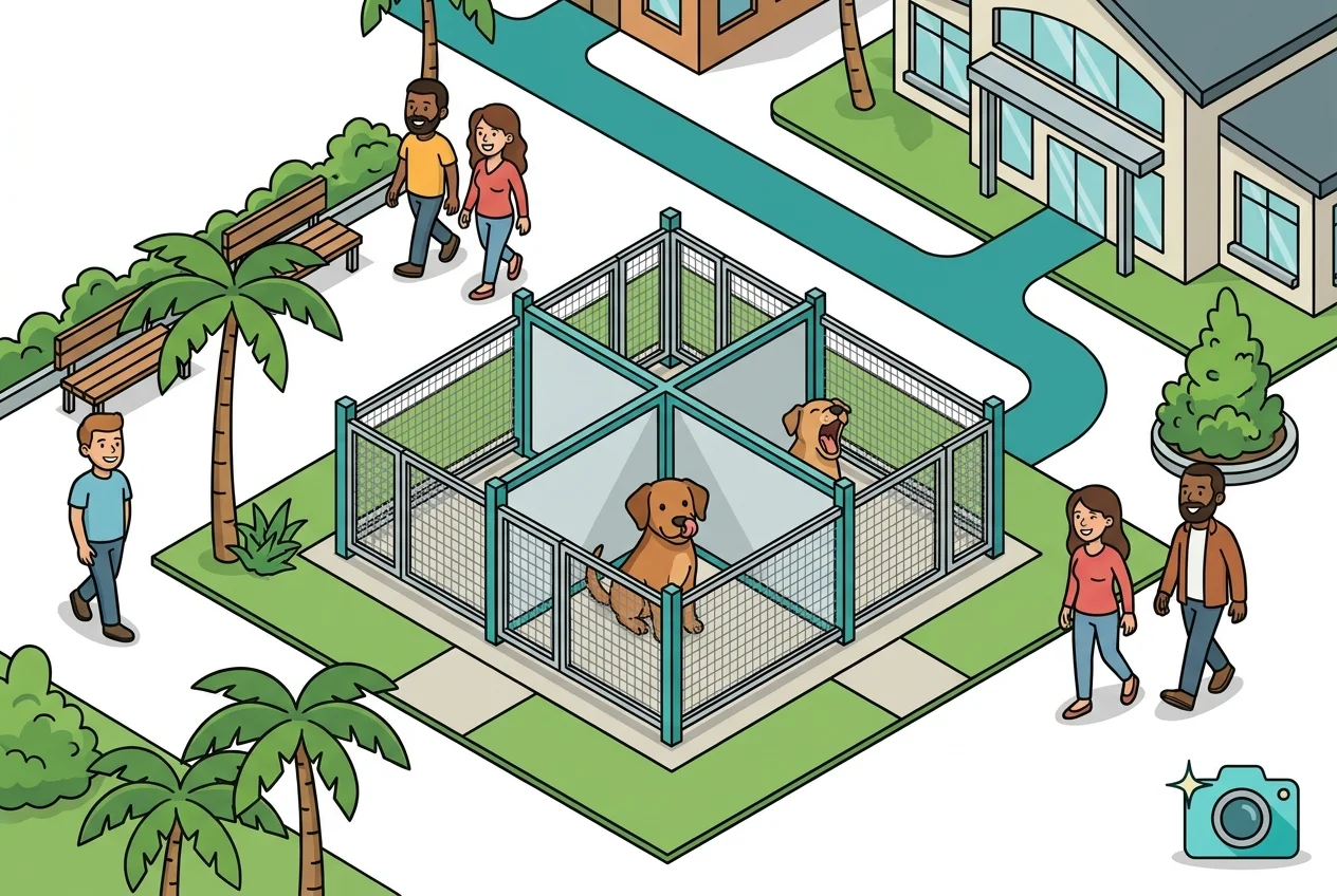 Illustration of a dog showing stress signals in a kennel, observed remotely by a camera.