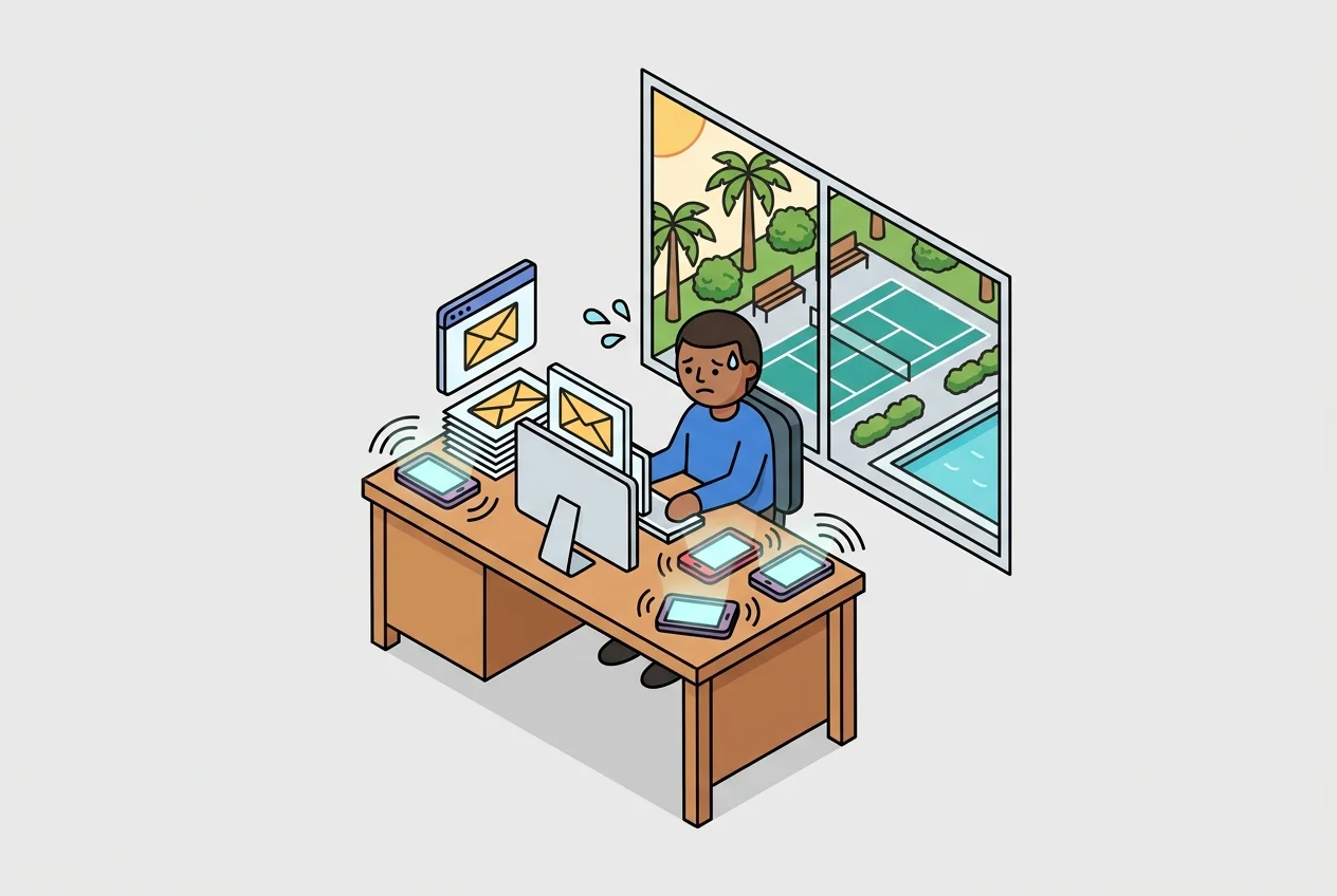 Stressed property manager at a desk surrounded by ringing phones, symbolizing burnout from constant inquiries.