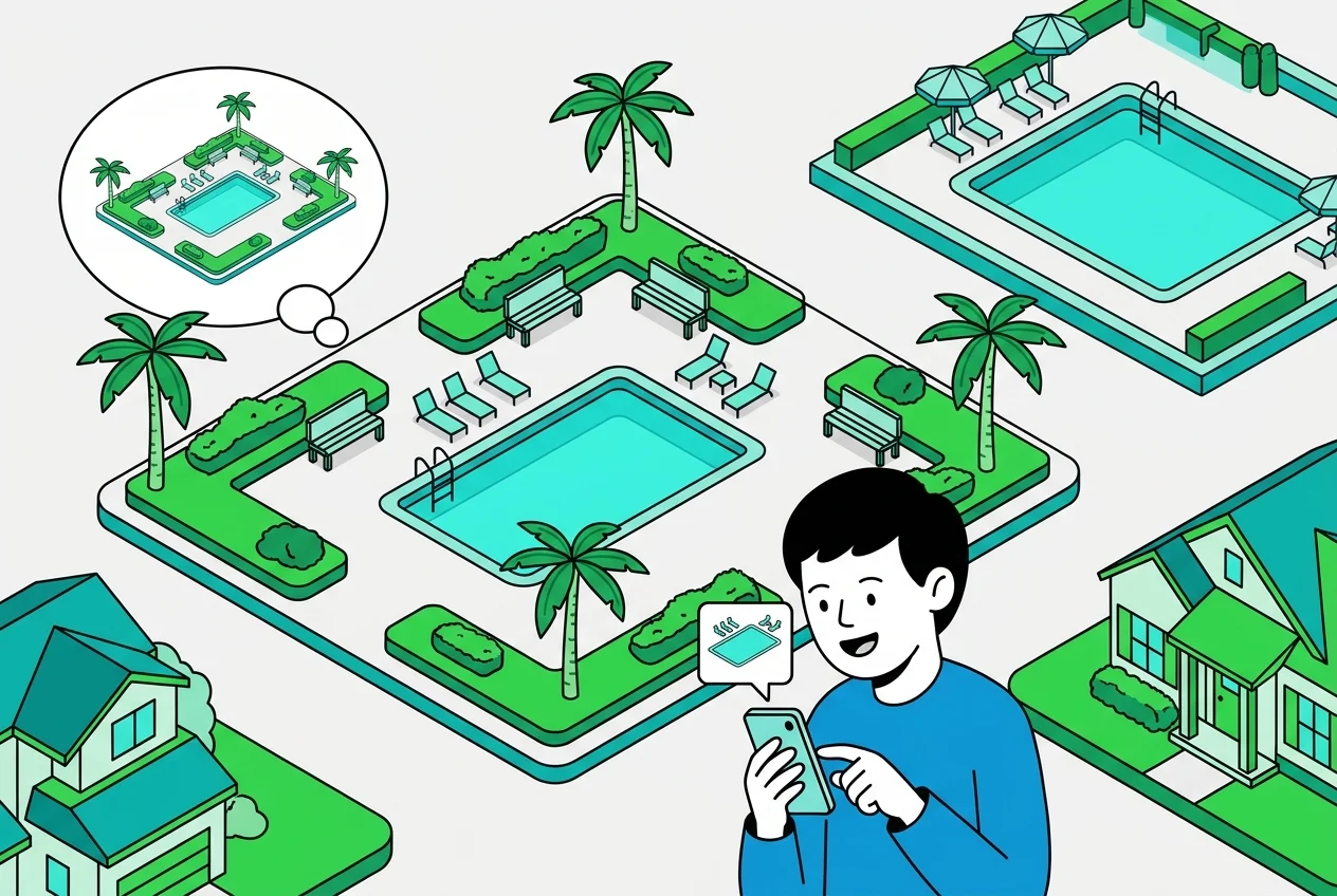 Happy resident checking live amenity feed on phone to see if the pool is crowded before leaving home.