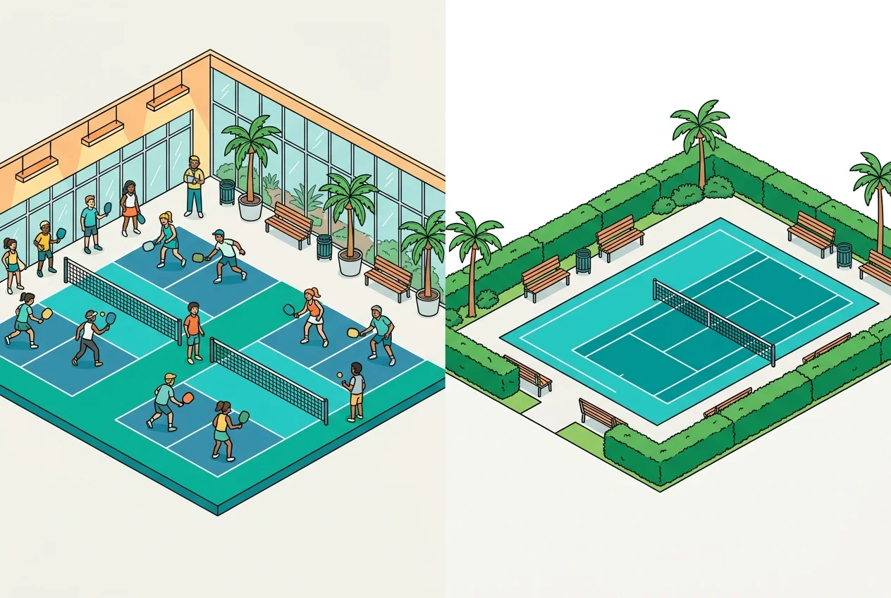 Inline image: Busy and empty indoor pickleball courts, illustrating market saturation and uneven facility utilization.