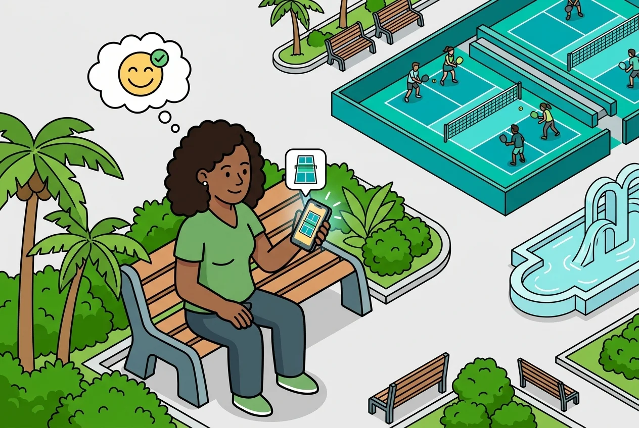Inline image: Person checking live pickleball court view on phone, emphasizing convenience and 'look before you book' experience.
