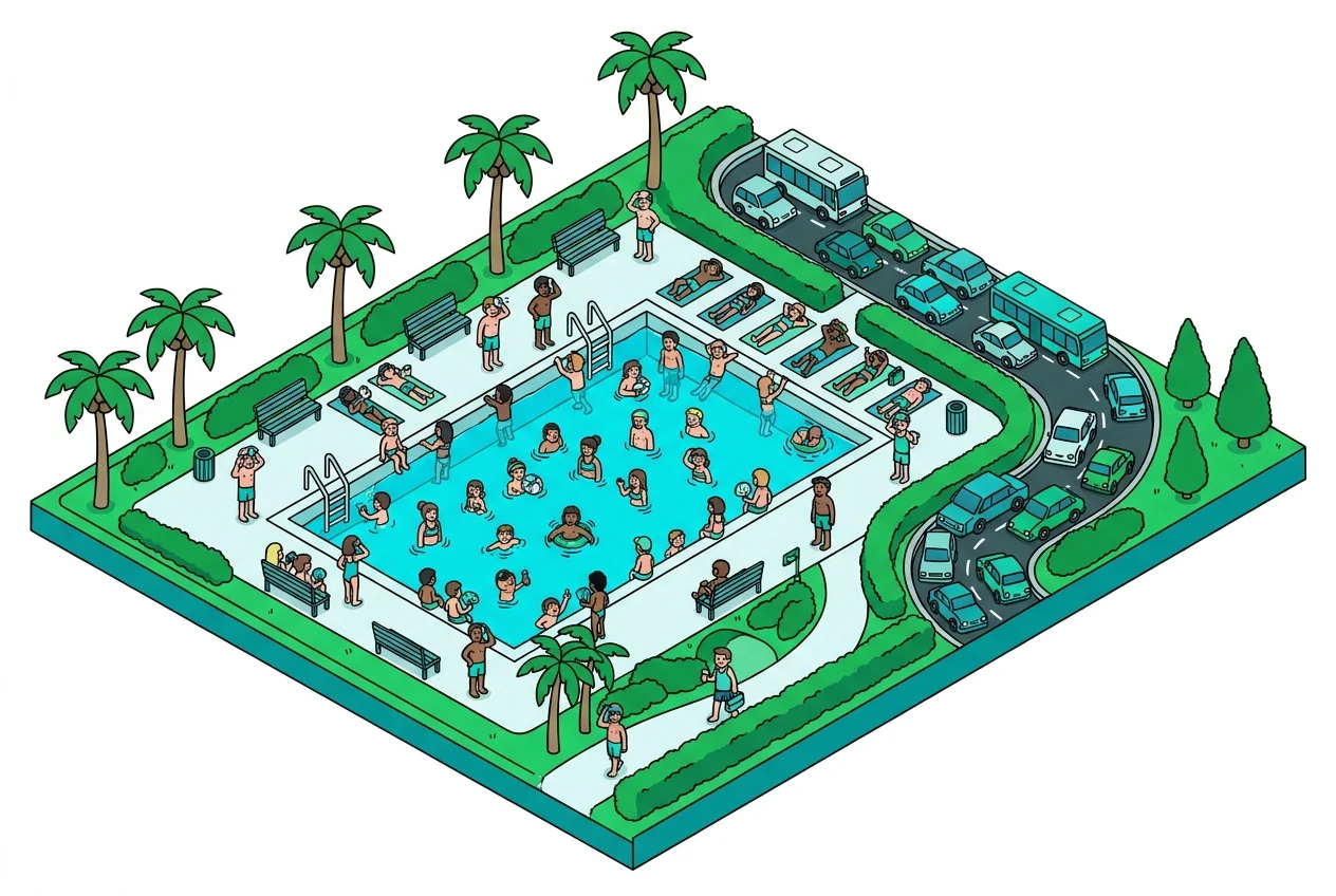 Overcrowded public pool and park with traffic, illustrating the dangers of extreme heat and capacity issues.