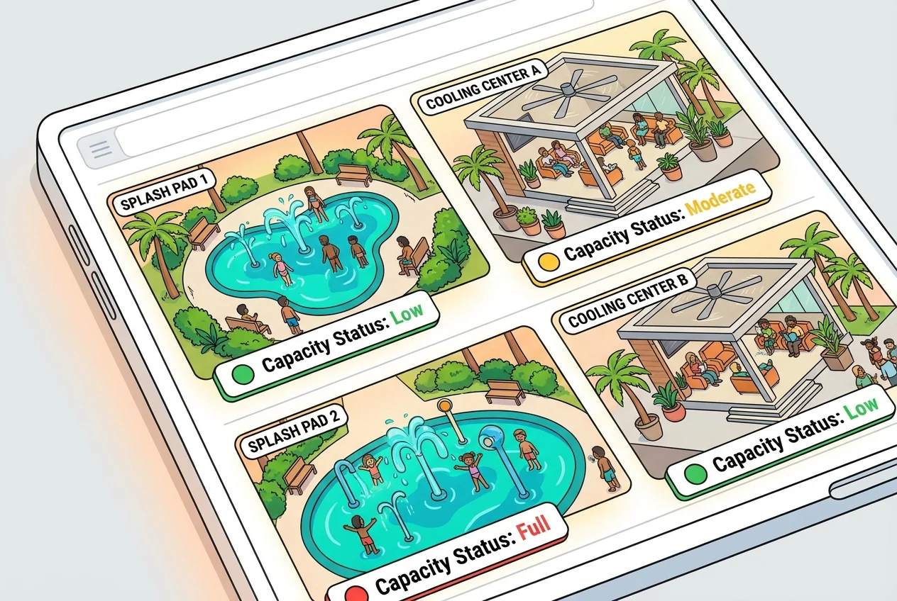 Screenshot of a city app displaying live capacity status for multiple public cooling centers and splash pads.
